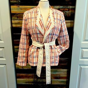 Chicos 1 cream white, navy blue, & orange tweed blazer jacket long sleeve 8 - 10